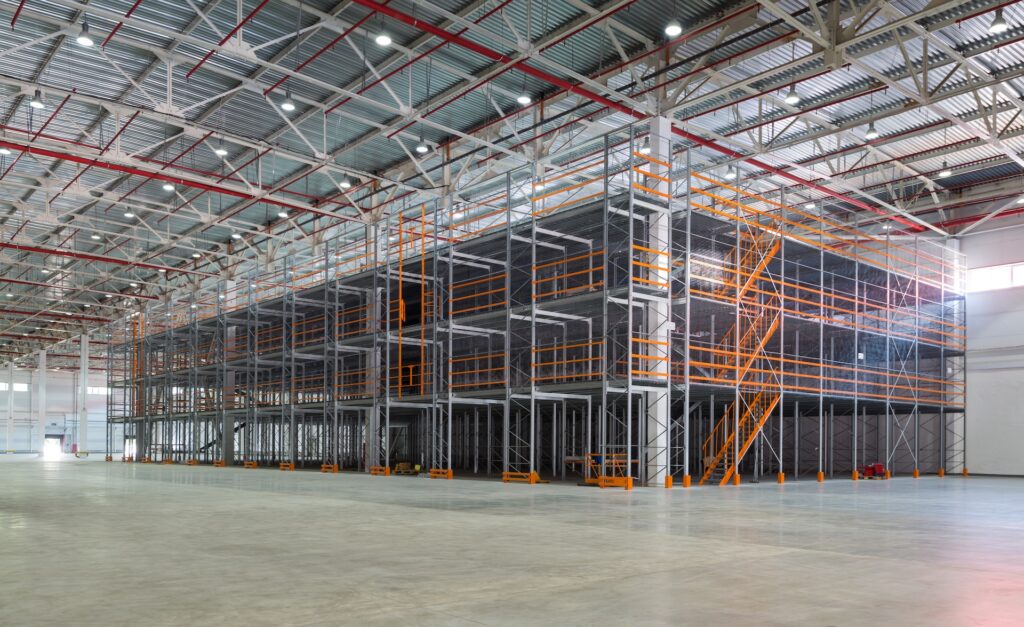 Custom mezzanine floor installation in a large warehouse