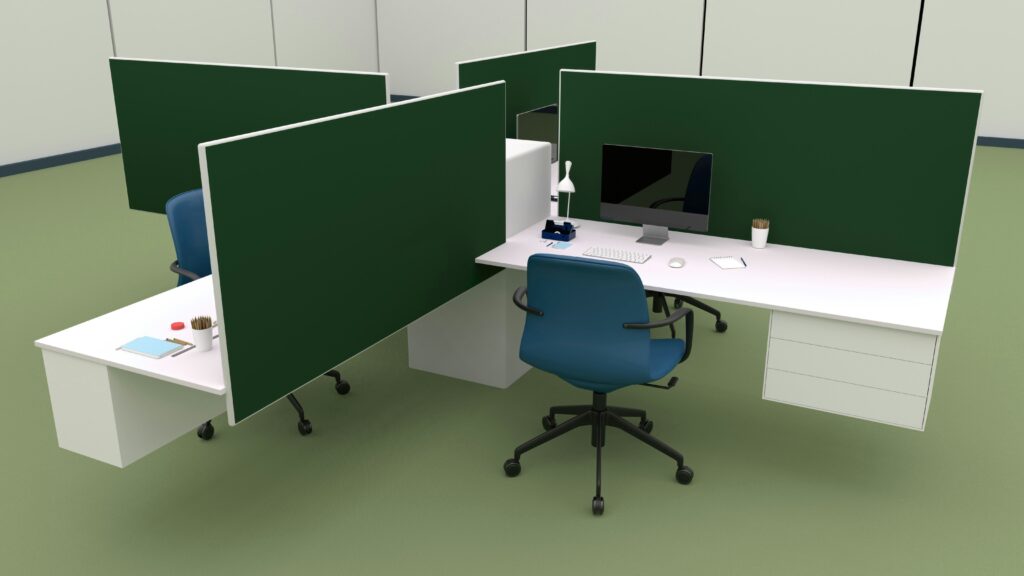 Desk-mounted acoustic panels reducing noise at individual workstations for improved focus